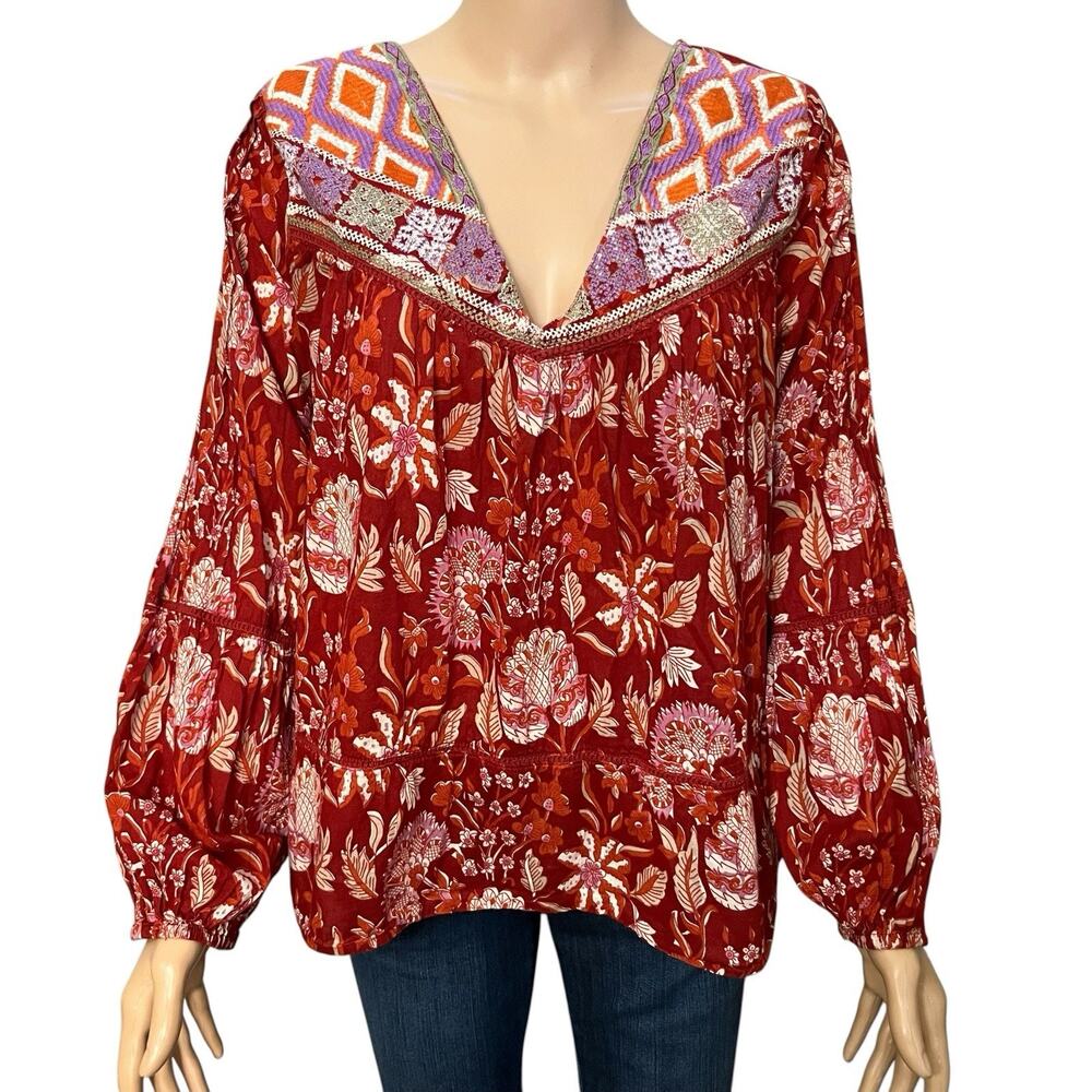 Rachel Zoe Boho Embroidered Tunic Top Floral Balloon Sleeve Flowy Pullover Red